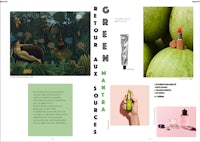 a magazine spread with pictures of cosmetics and plants